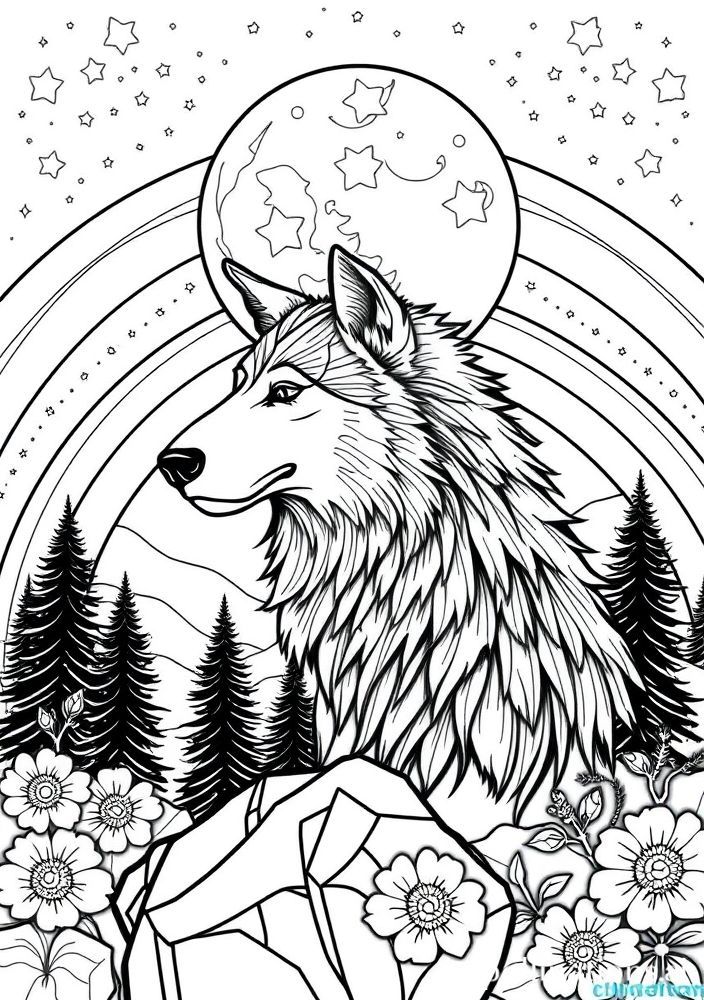 Arco-íris com Lobo e Lua Cheia para colorir