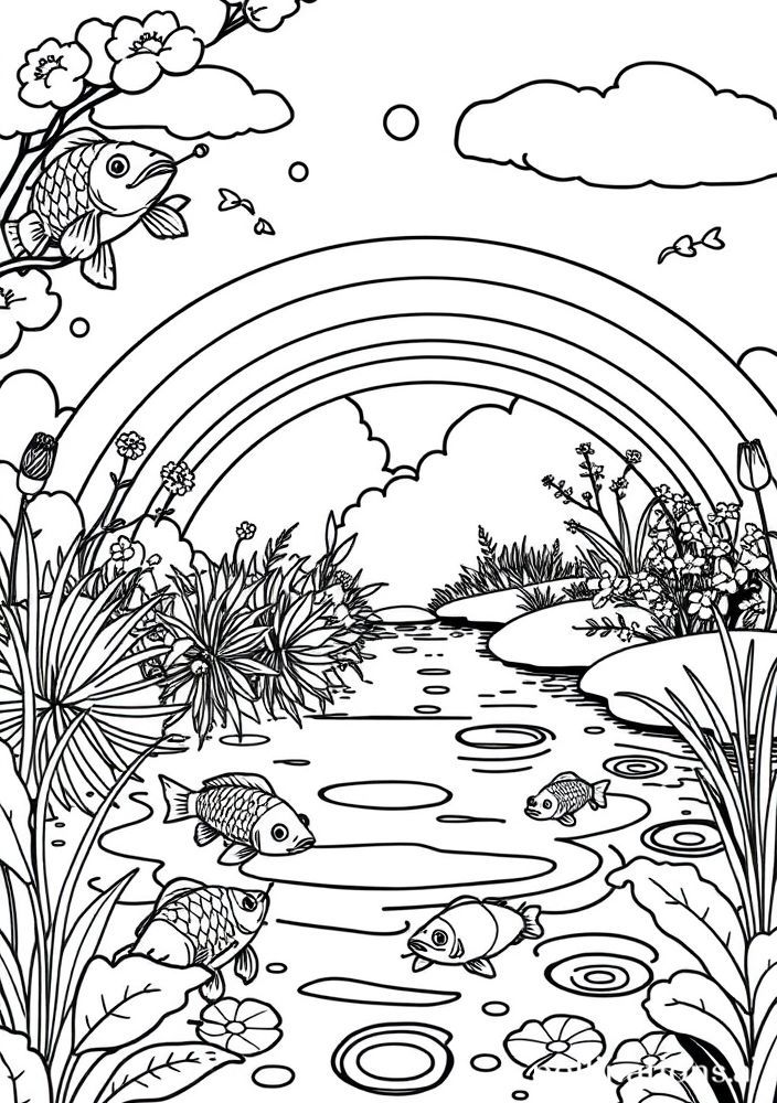 Arco-íris e Lago com Peixes para colorir