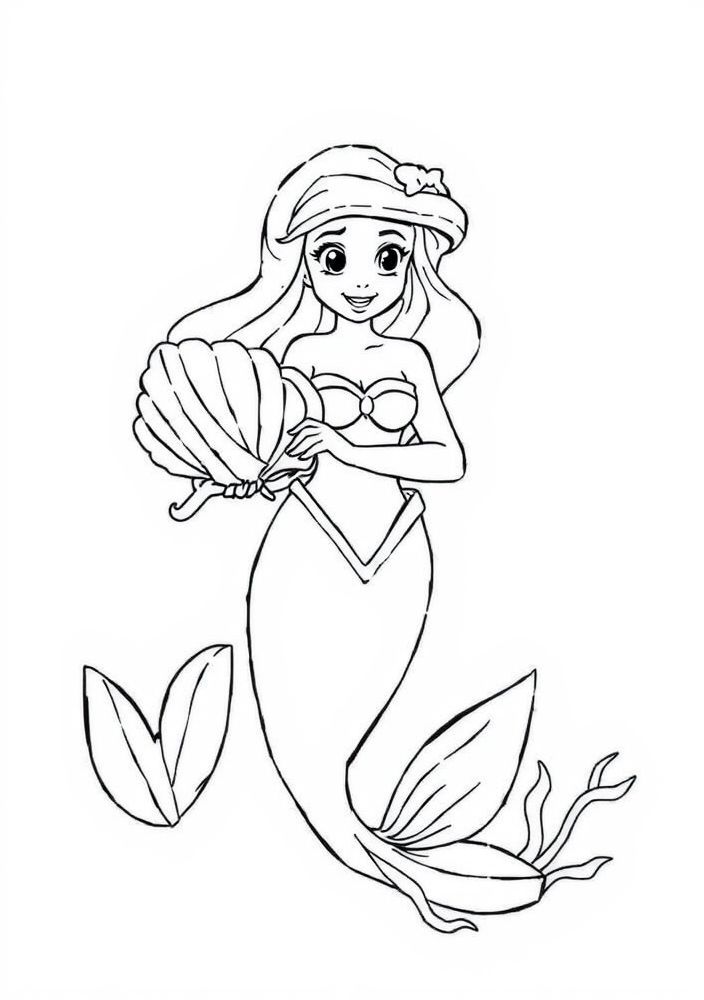 Ariel com uma concha do mar para colorir