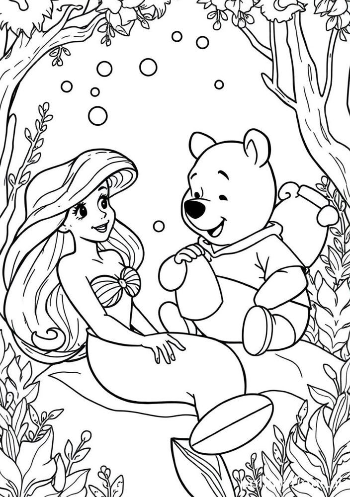 Ariel e Ursinho Pooh juntos para colorir