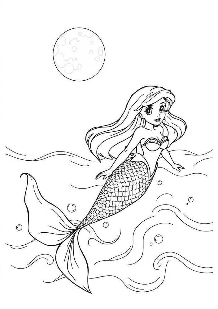 Ariel e a lua cheia sobre o mar para colorir