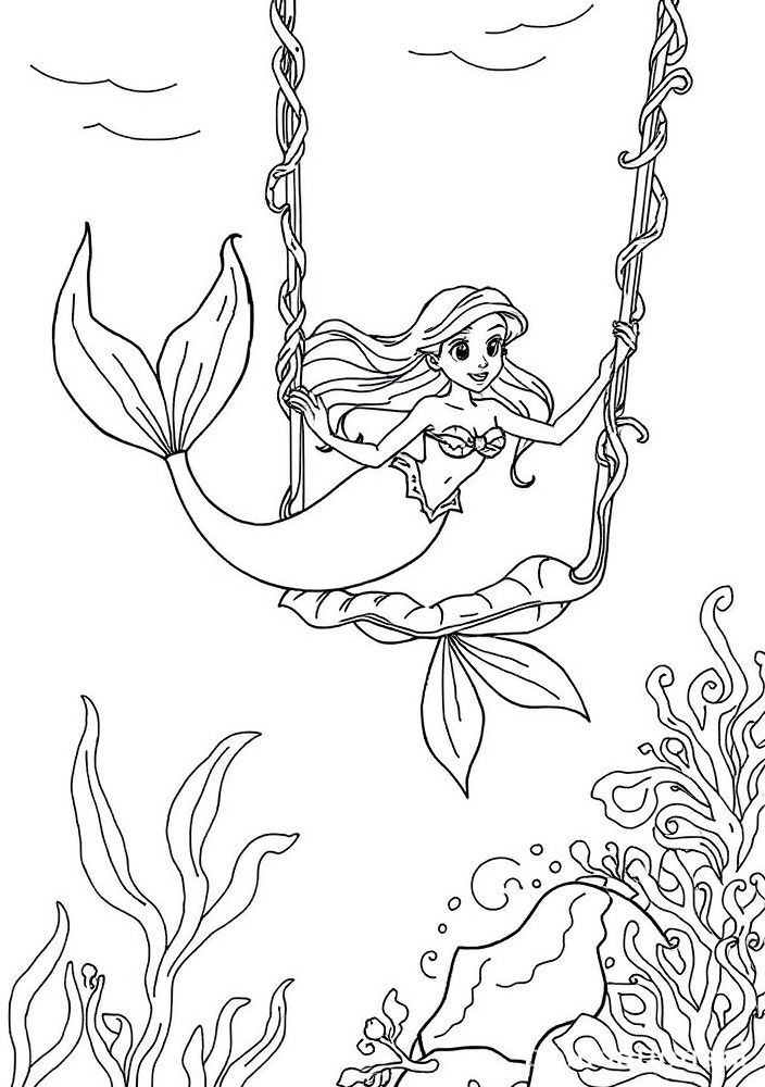 Ariel flutuando em um balanço de algas marinhas para colorir