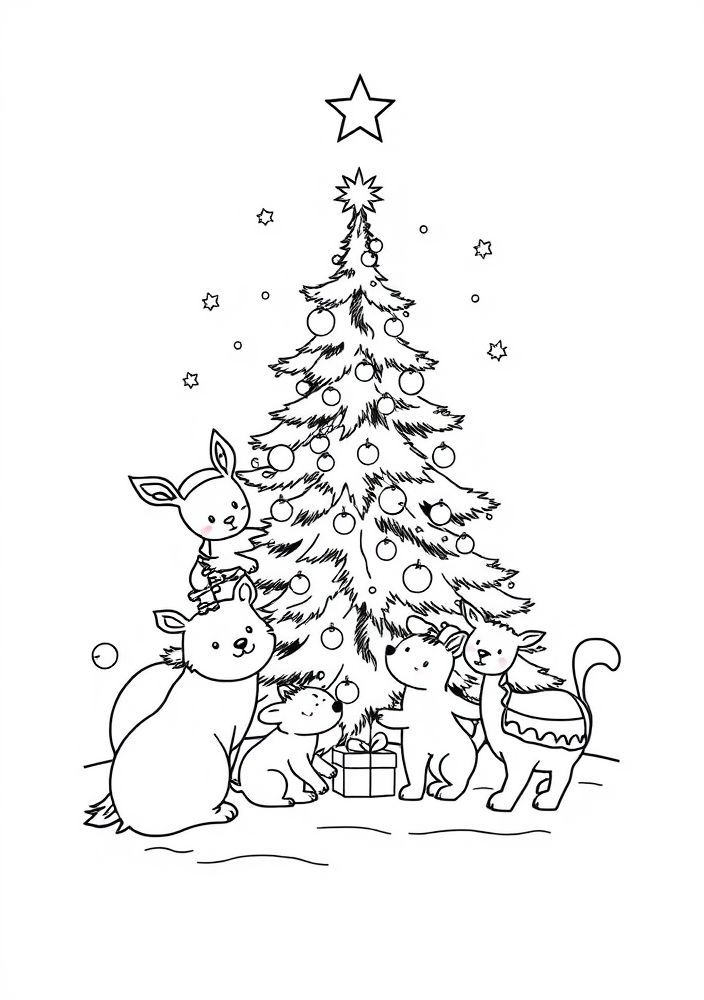 Árvore de Natal com animais do inverno para colorir
