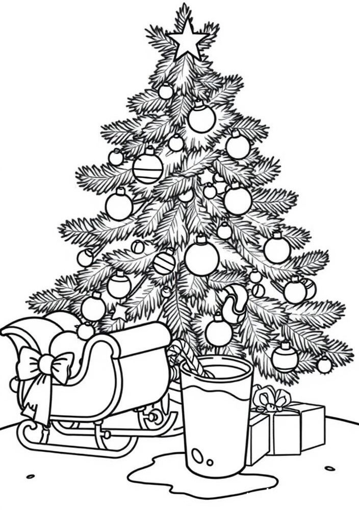 Árvore de Natal com cenoura e leite para o trenó do Papai Noel para colorir