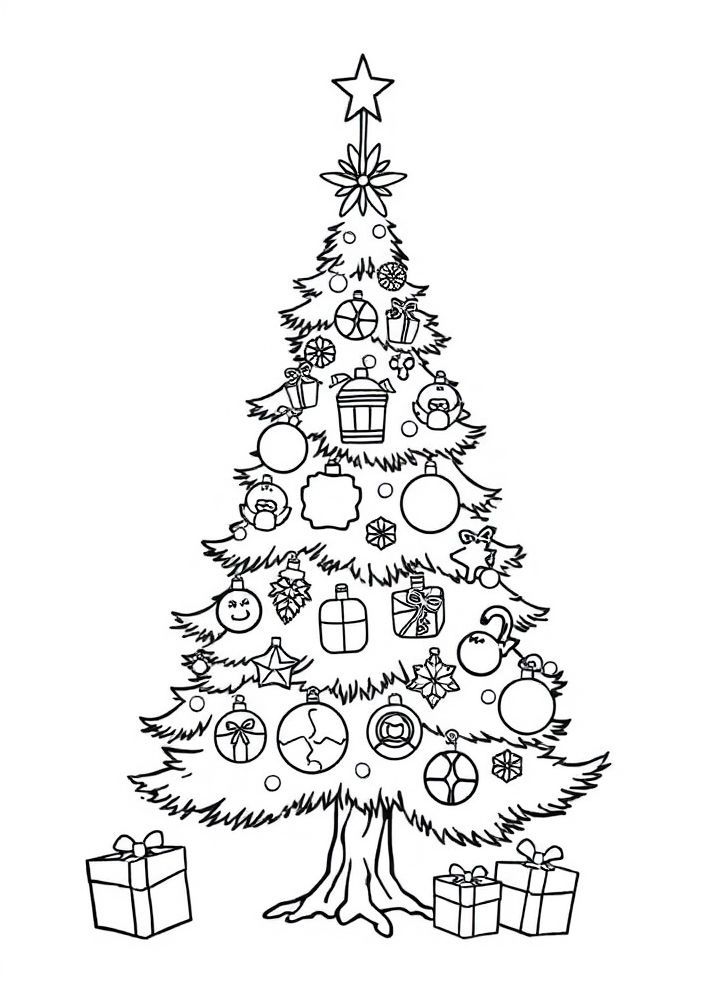 Árvore de Natal com diferentes símbolos do Natal para colorir