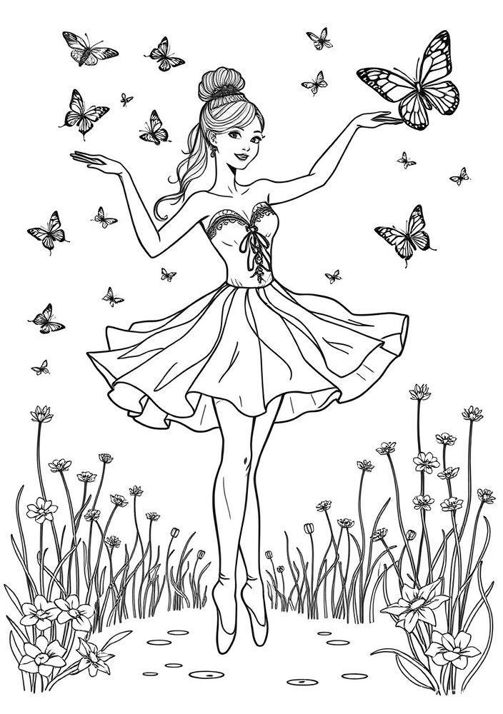 Bailarina com borboletas para colorir