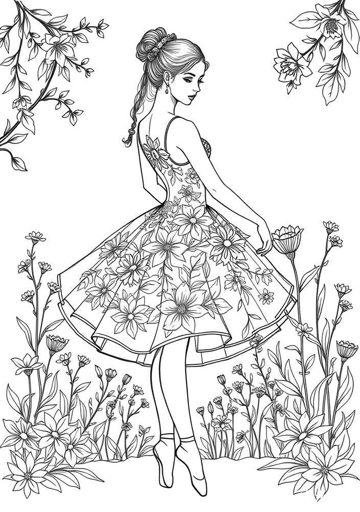 Bailarina com detalhes florais para colorir