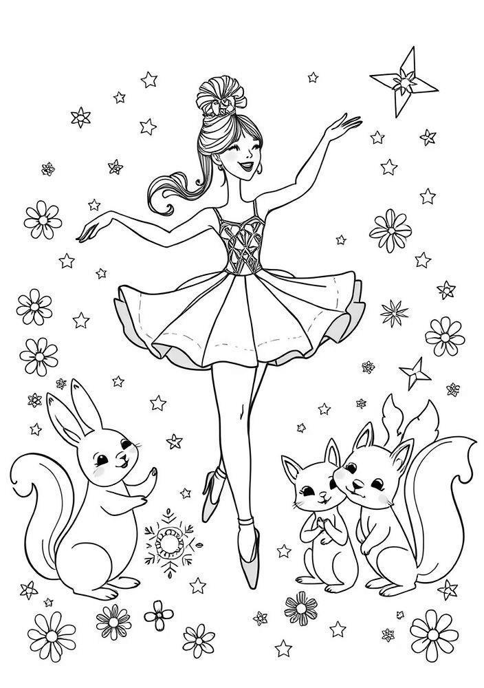 Bailarina e amigos animais para colorir