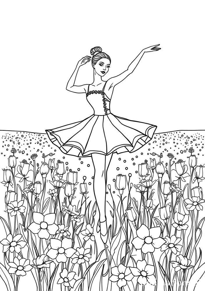 Bailarina em um campo de flores para colorir