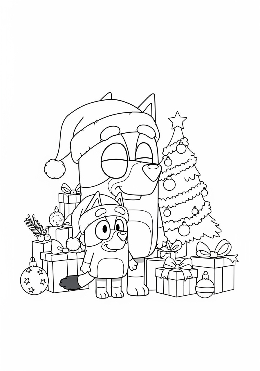 Bluey e Bingo com gorros de Natal perto da arvore e presentes para colorir