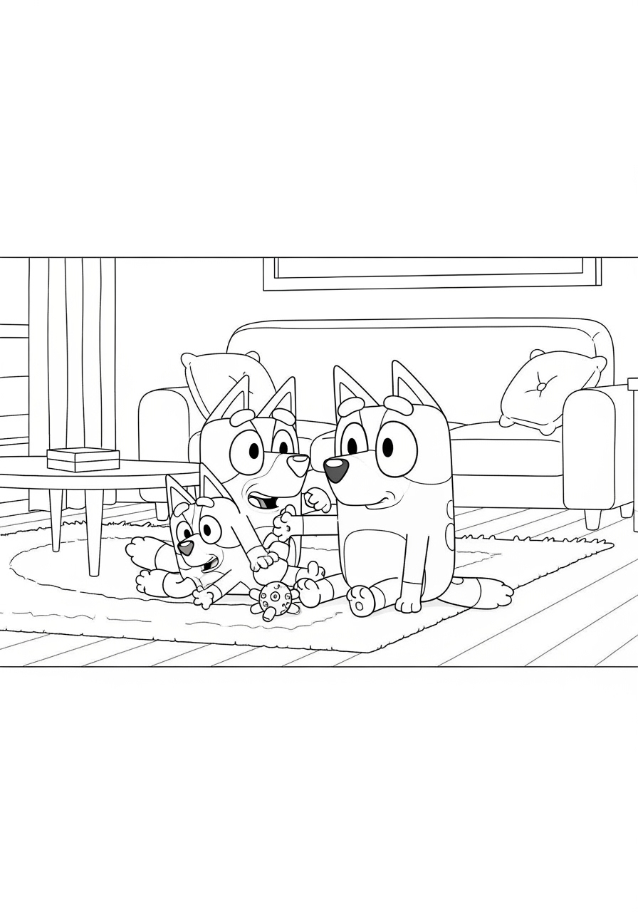 Bluey com Bingo e Bandit para colorir na sala de estar minimalista