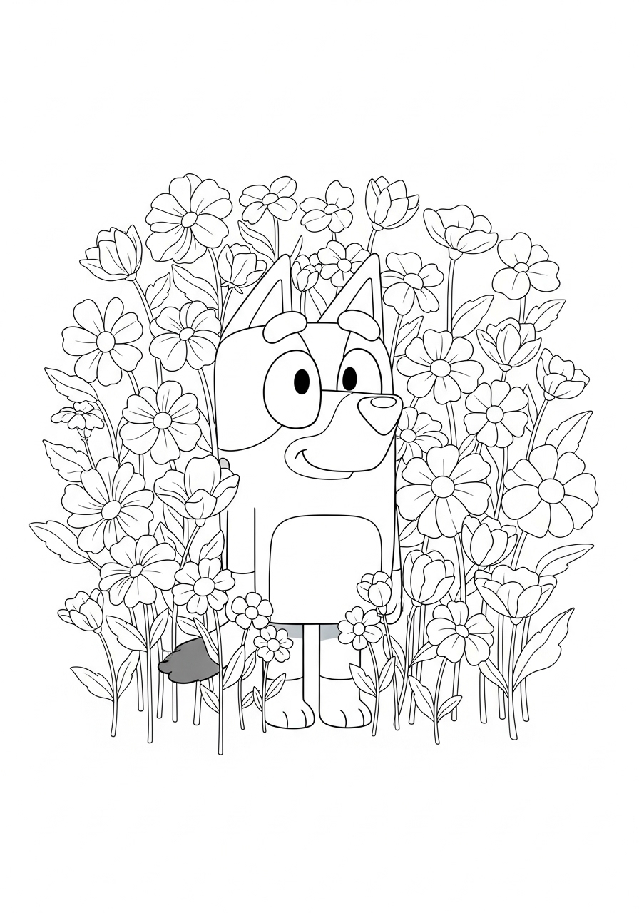 Bluey para colorir em jardim florido desenho infantil divertido.