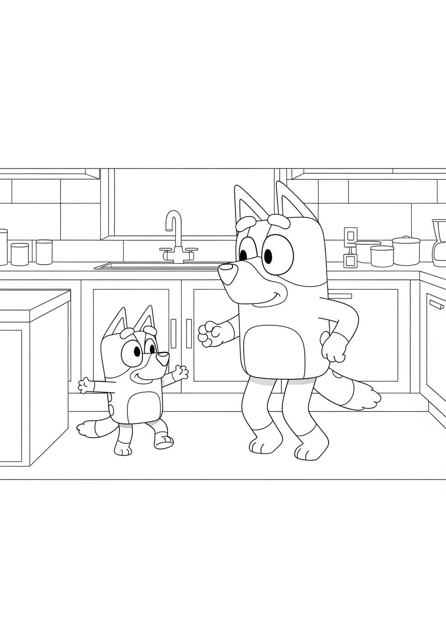 Desenho de Bluey e sua irmã Bingo na cozinha para colorir.