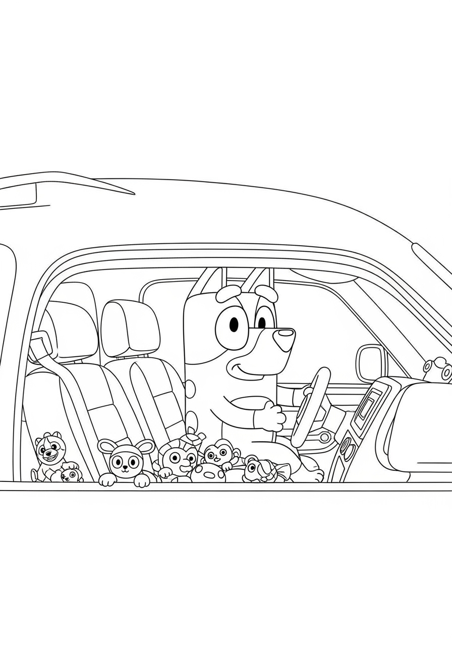 Bluey dirigindo carro com bichinhos de pelúcia para colorir. Desenho.