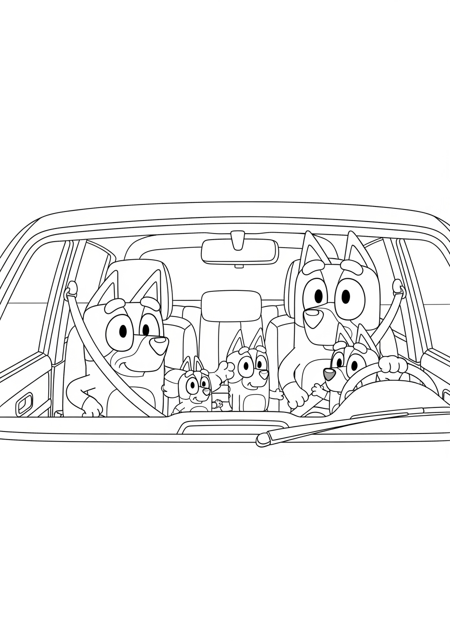 Bluey e família em desenho de carro para colorir e atividades infantis