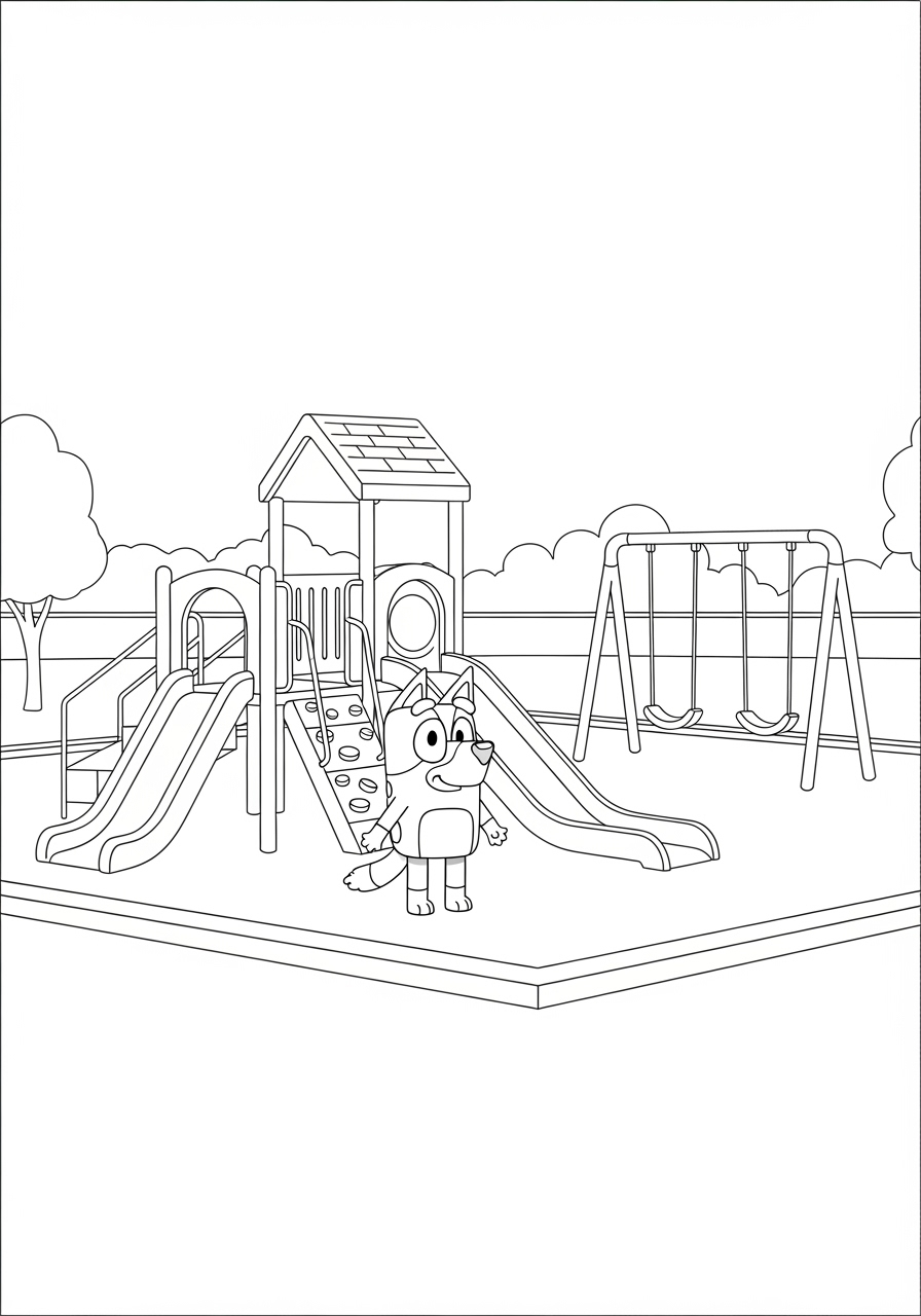Bluey no parque infantil para colorir com balanço e escorregador