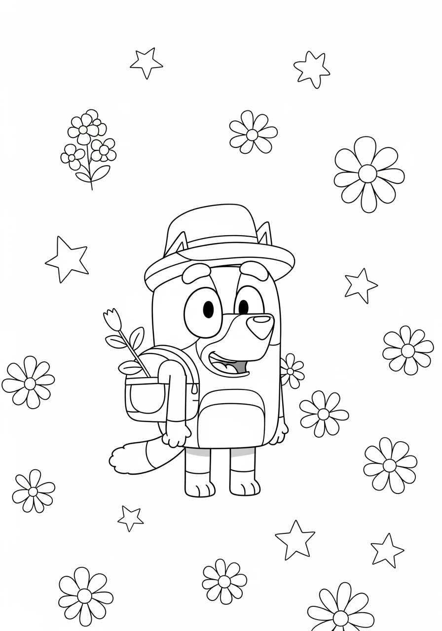 Bluey com chapéu mochila flores e estrelas ao redor