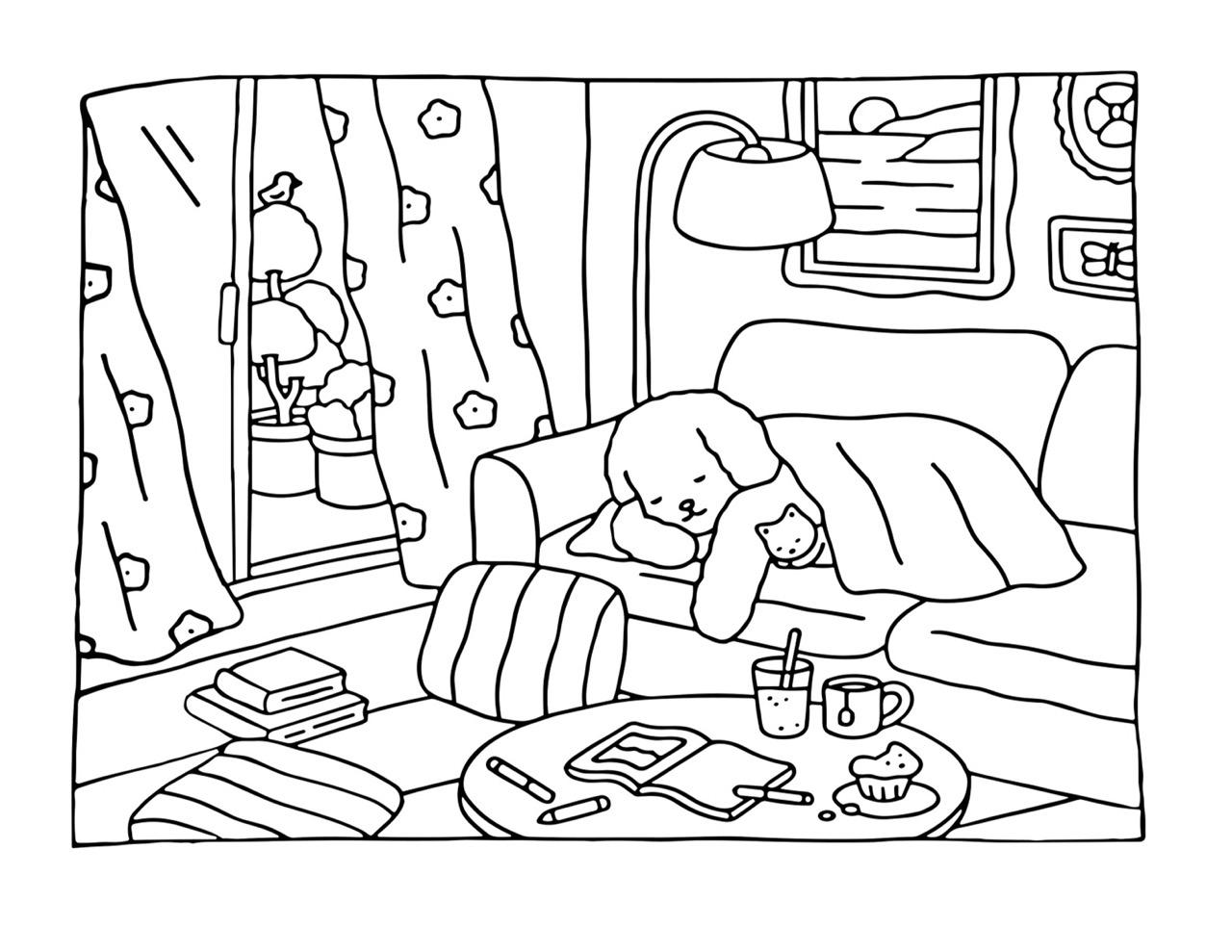 Bobbie Goods dormindo com gato desenho para colorir relaxante