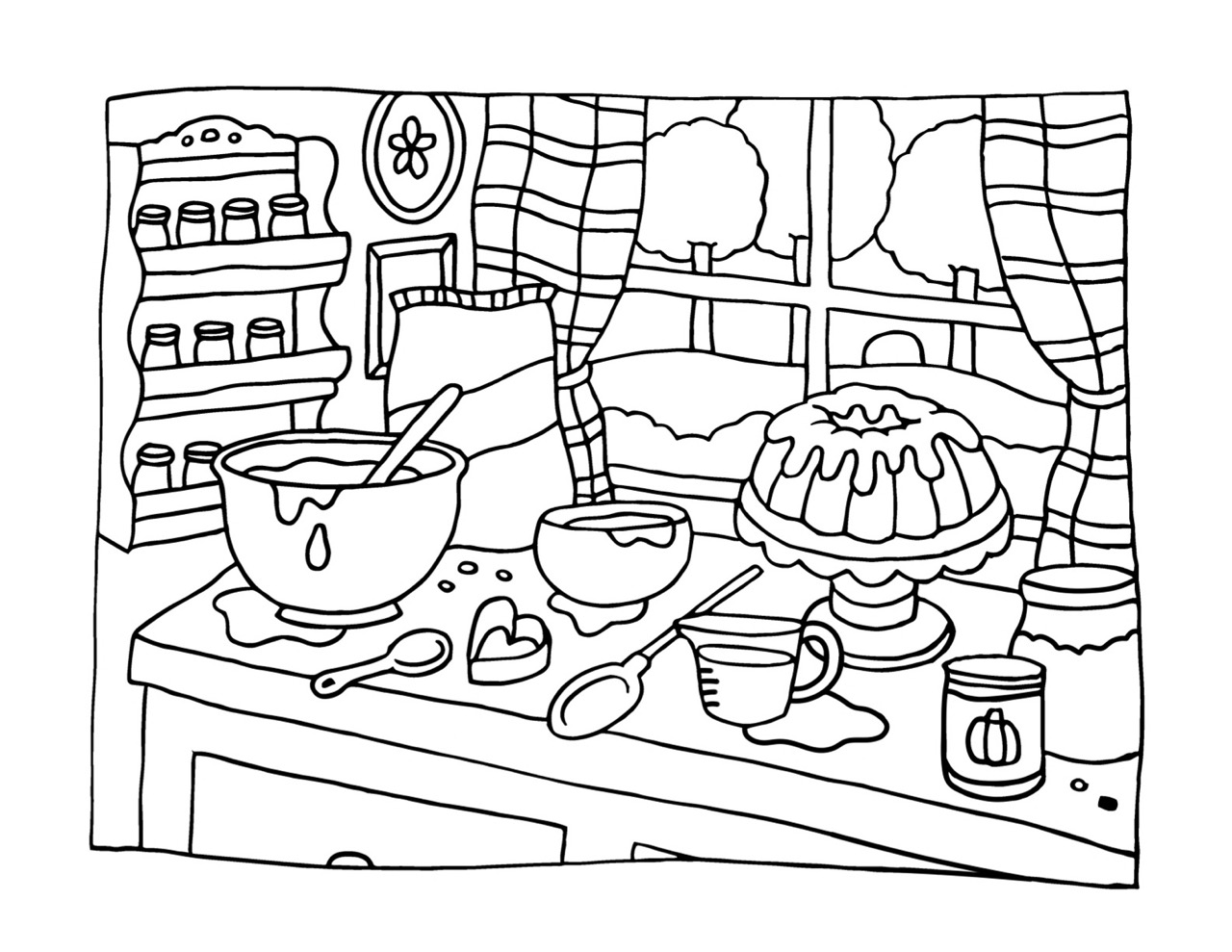 Bobbie Goods preparando sobremesa na cozinha para colorir
