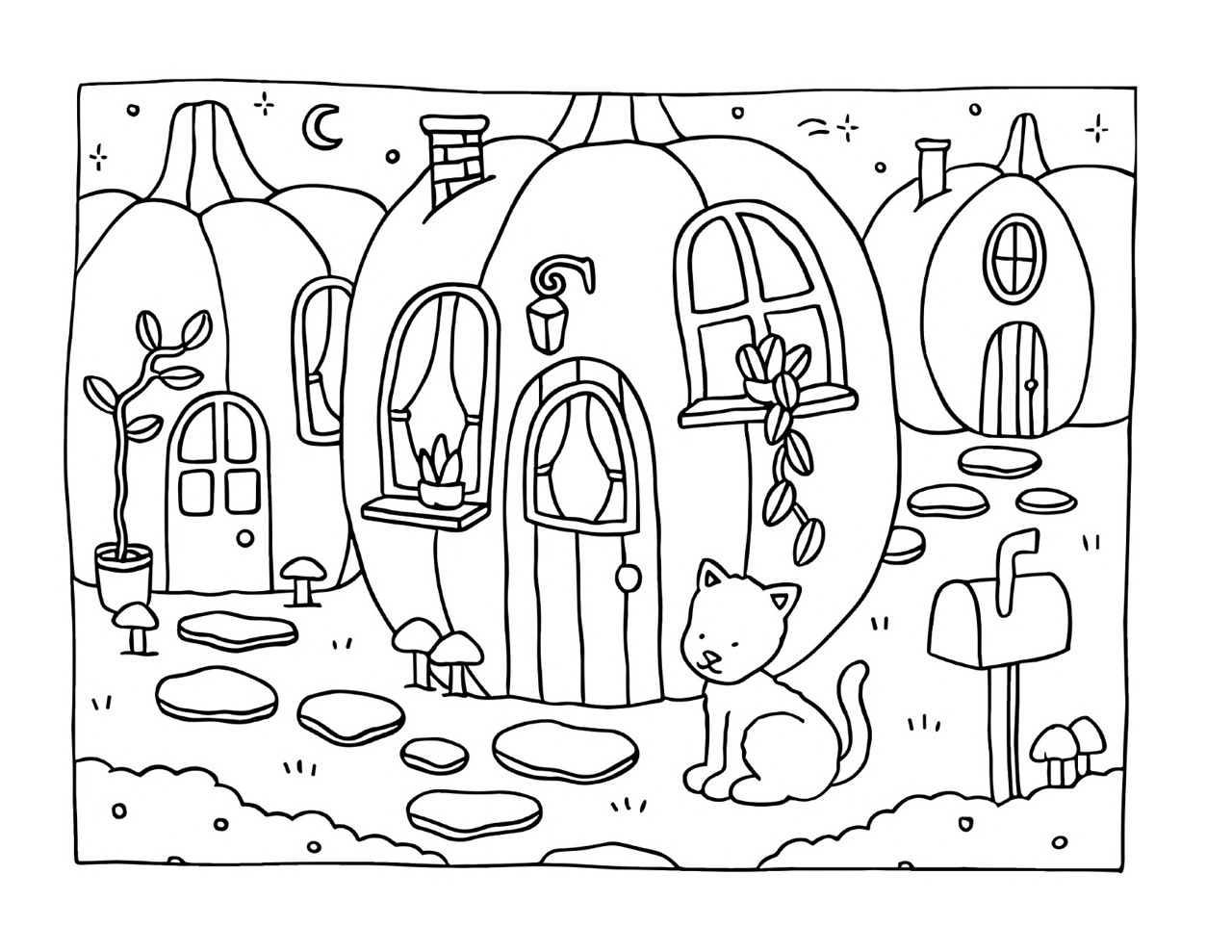 Bobbie Goods gato em frente a casas de abóbora para colorir e imprimir