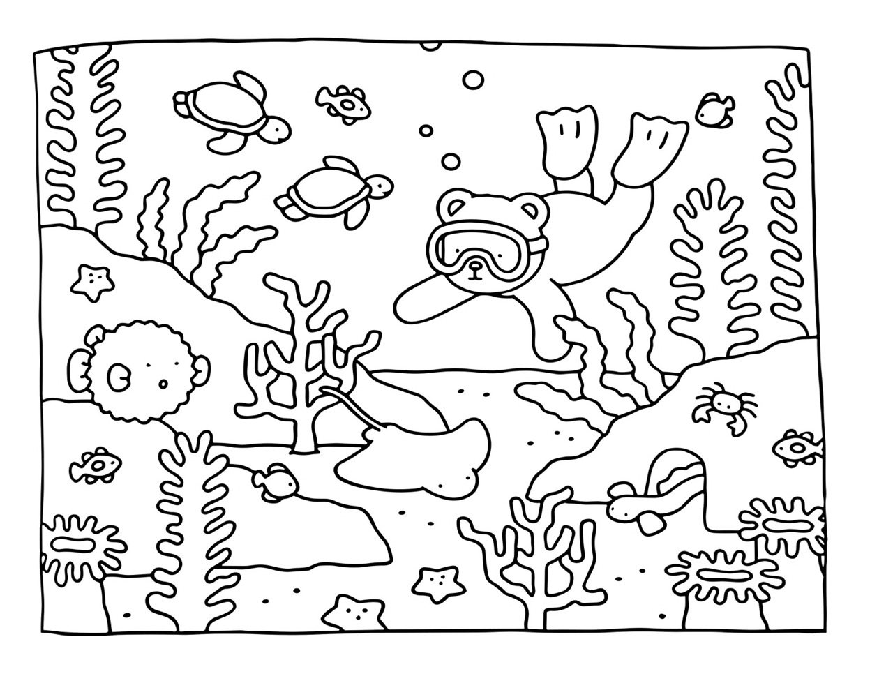 Bobbie Goods mergulhando com peixes e tartarugas para colorir infantil