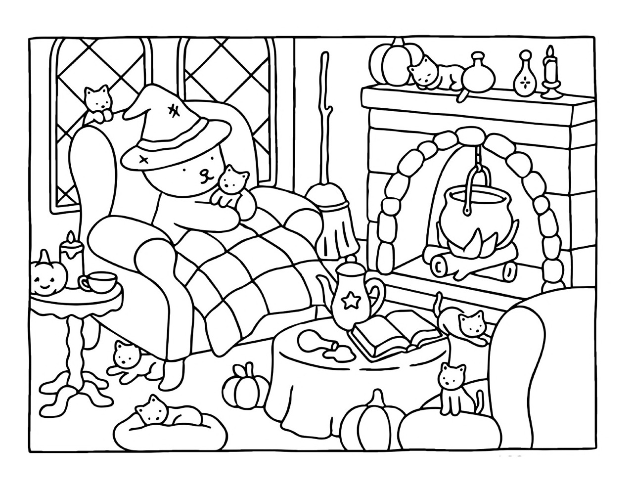 Bobbie Goods cercada por gatos em um cenário aconchegante de Halloween