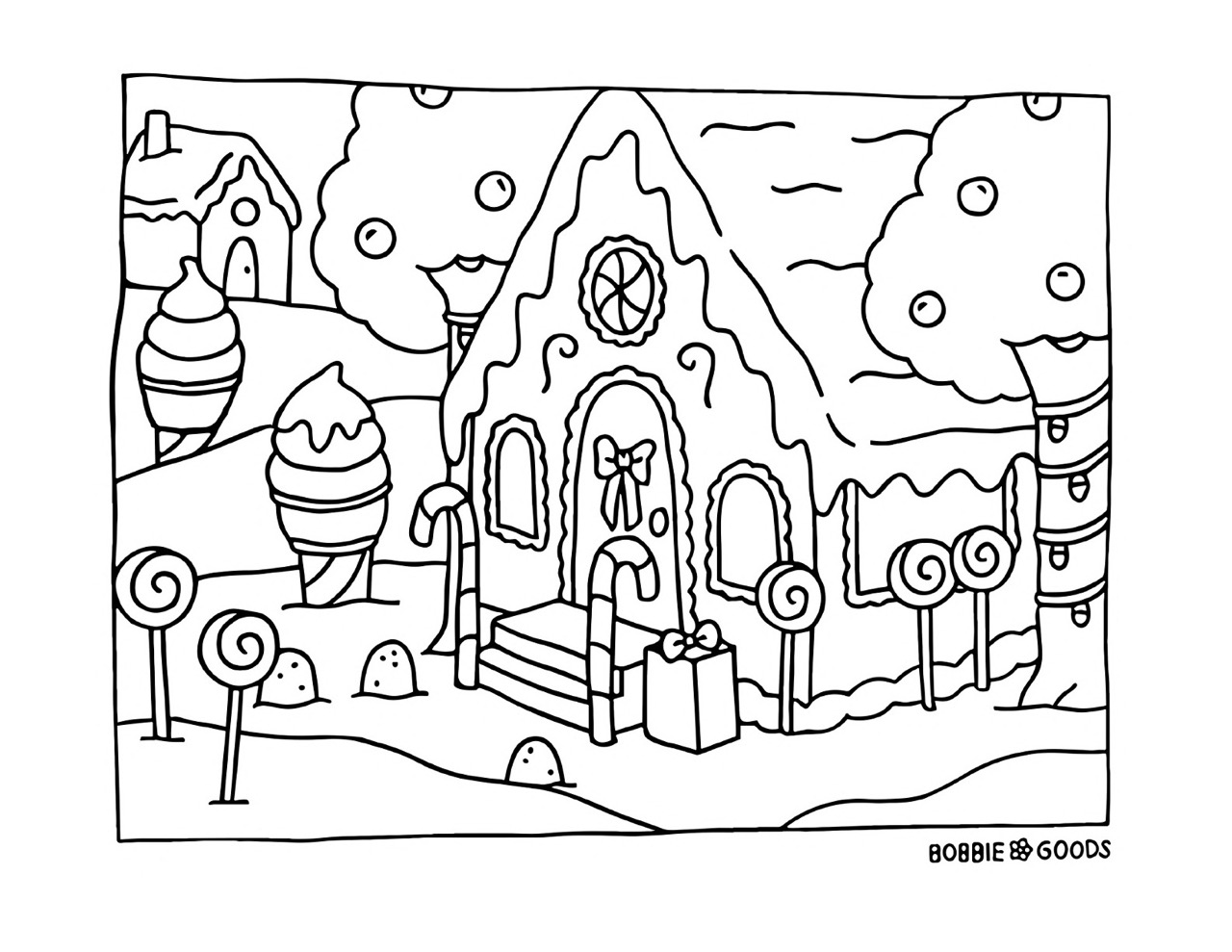 Bobbie Goods página para colorir de uma casa de gengibre festiva