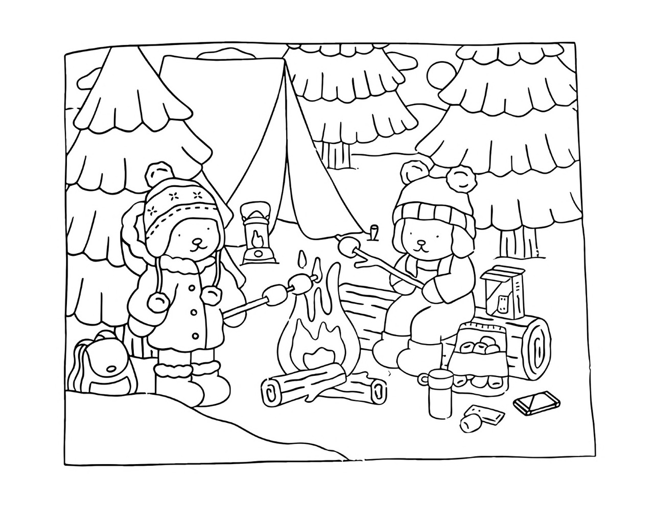 Bobbie Goods assando marshmallows em acampamento de inverno amigos
