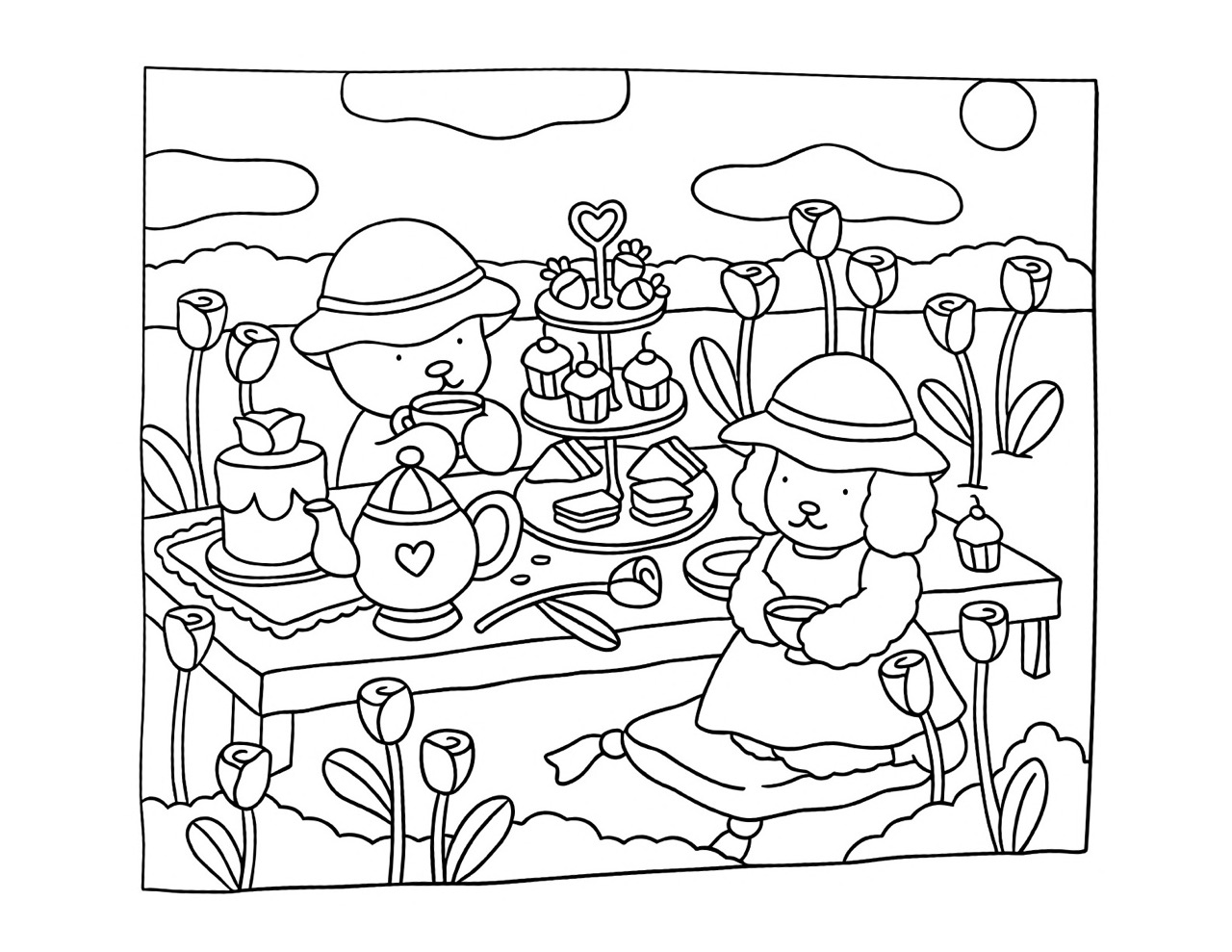Bobbie Goods festa chá jardim bolo xícaras flores para colorir