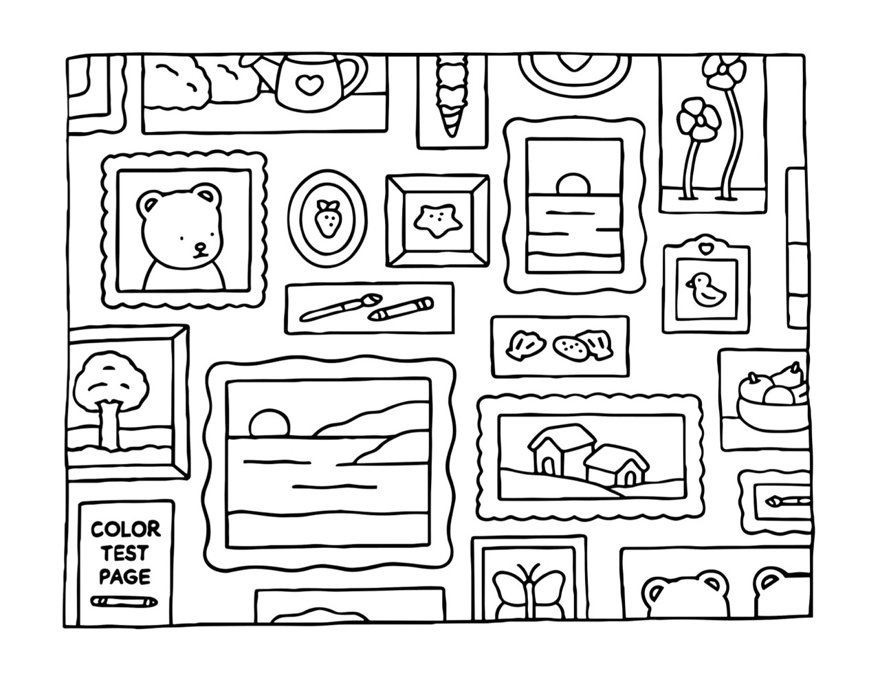 Bobbie Goods página de teste para colorir com vários desenhos
