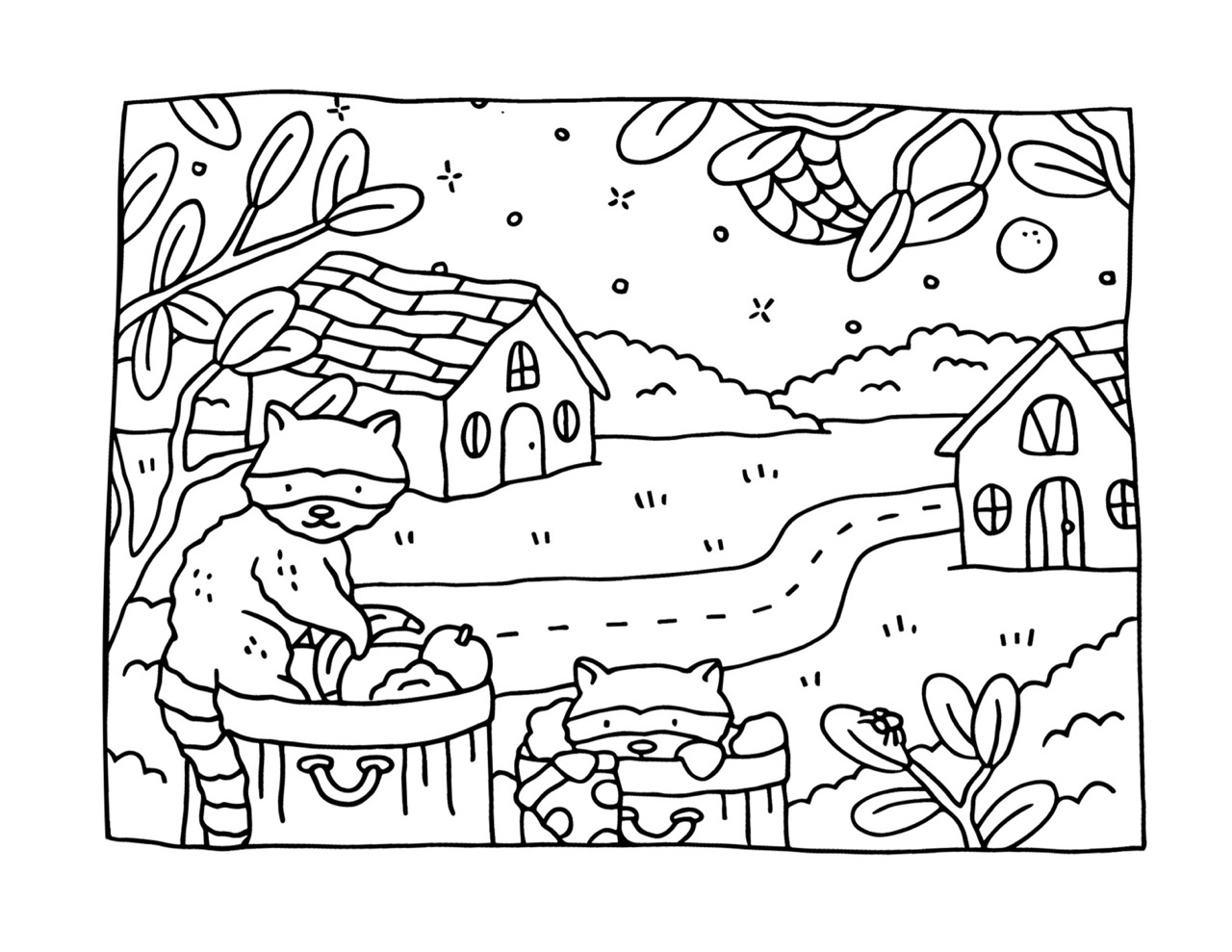Bobbie Goods guaxinins colhendo frutas no campo desenho para colorir
