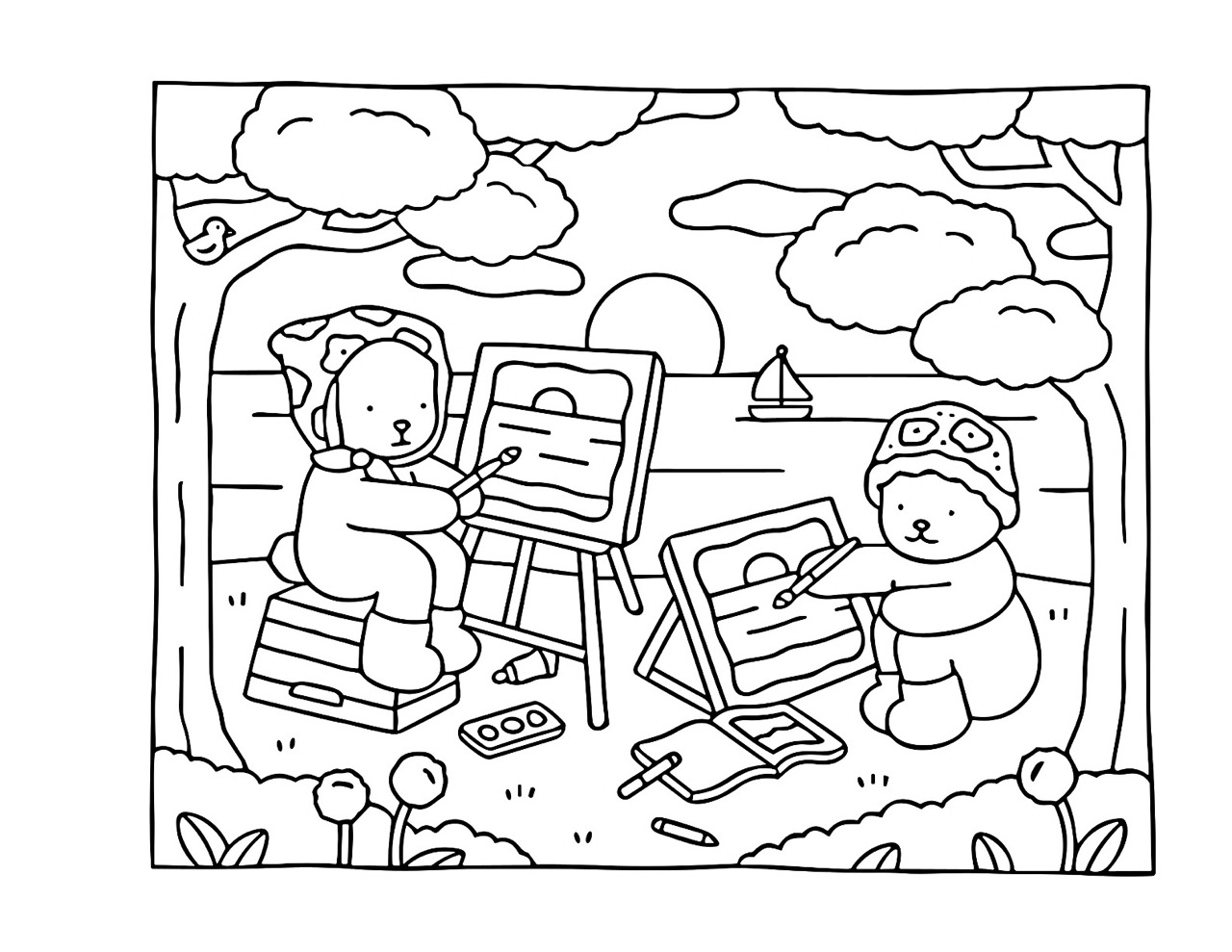 Bobbie Goods pintando paisagens à beira-mar com amigos para colorir