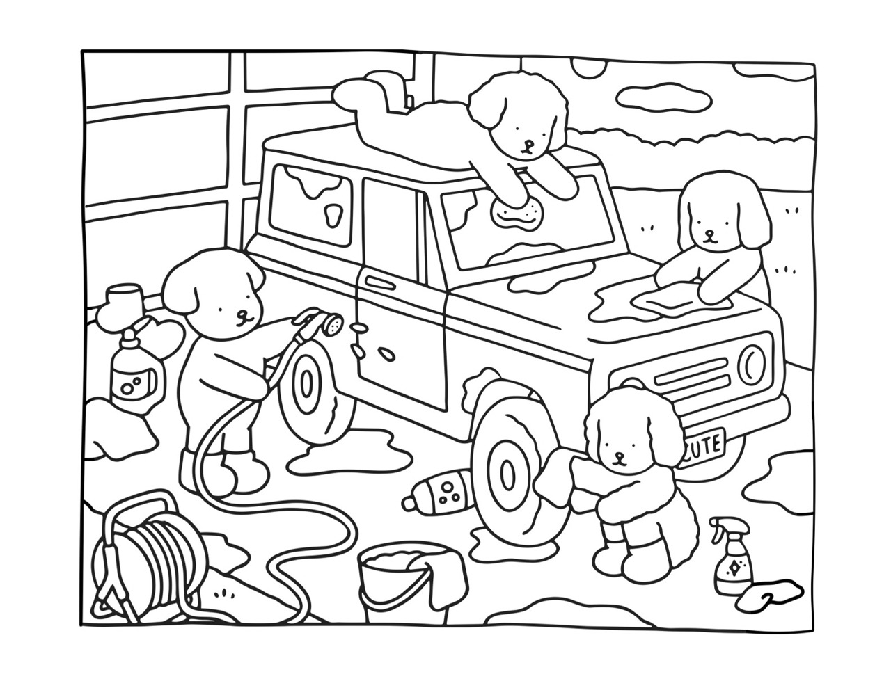 Bobbie Goods lavando carro com amigos desenho para colorir infantil