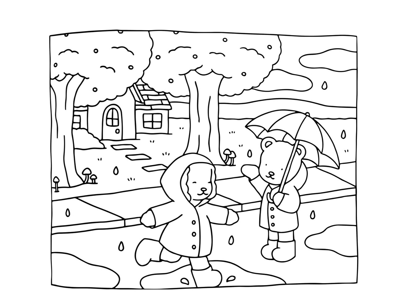 Bobbie Goods brincando na chuva com capa e guarda chuva amigos e casa