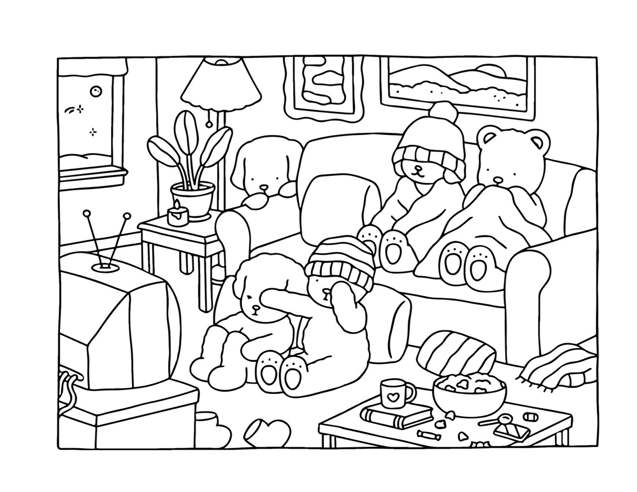 Bobbie Goods assistindo TV com amigos em um dia aconchegante