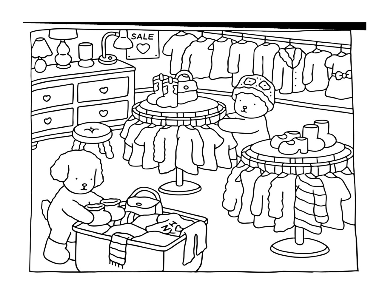 Bobbie Goods fazendo compras em uma loja de roupas em preto e branco