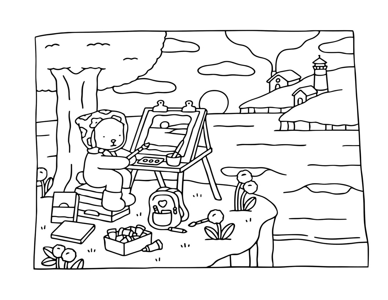 Bobbie Goods pintando paisagem em tela ao ar livre para colorir