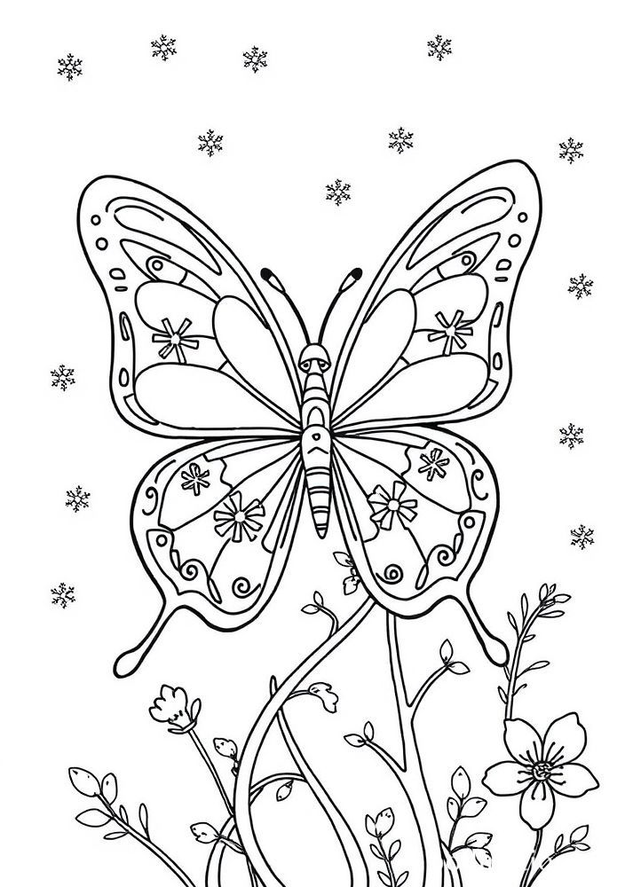 Borboleta de Inverno com Flocos de Neve para Colorir