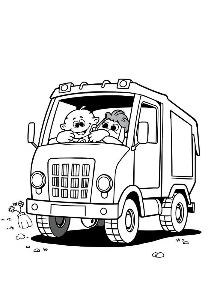 Camião de lixo com personagens divertidos para colorir