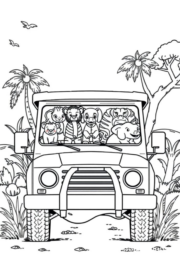 Camião safari cheio de animais para colorir
