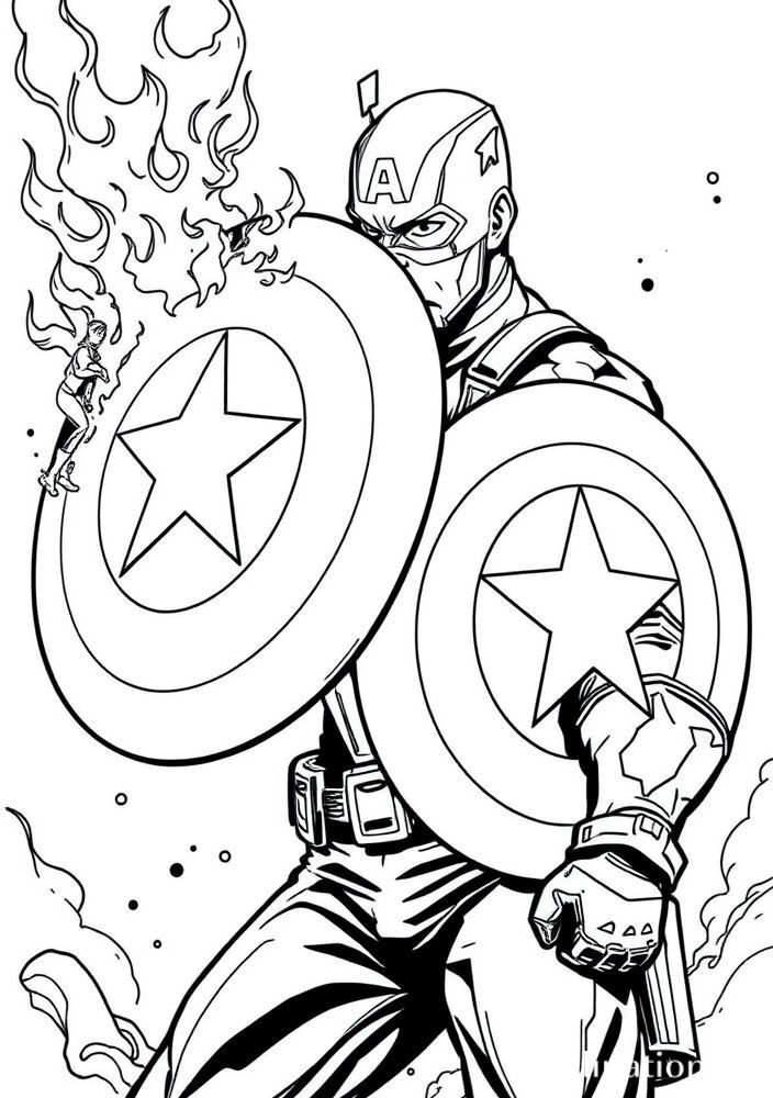 Capitão América com o escudo em chamas para colorir