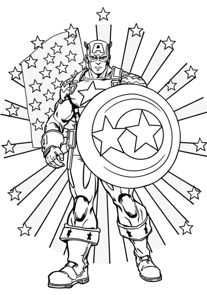 Capitão América com seu escudo em um fundo de stars and stripes para colorir