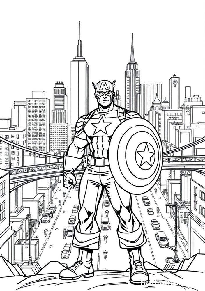 Capitão América em um cenário urbano para colorir