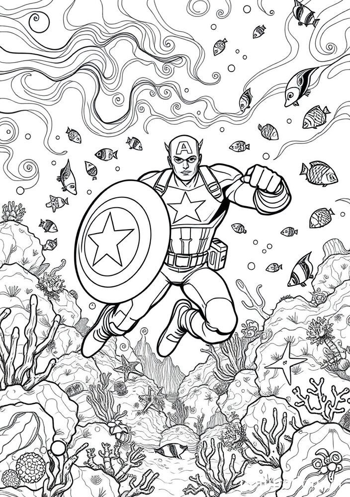Capitão América em uma aventura subaquática para colorir