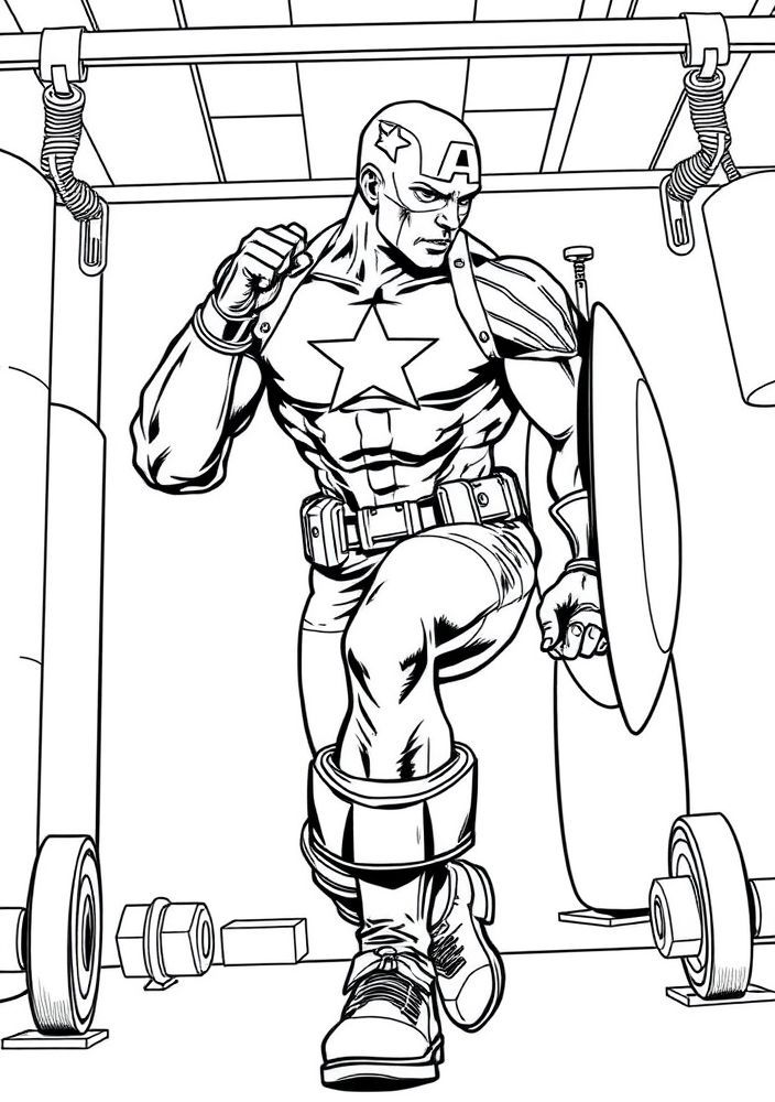 Capitão América em uma cena de treinamento para colorir