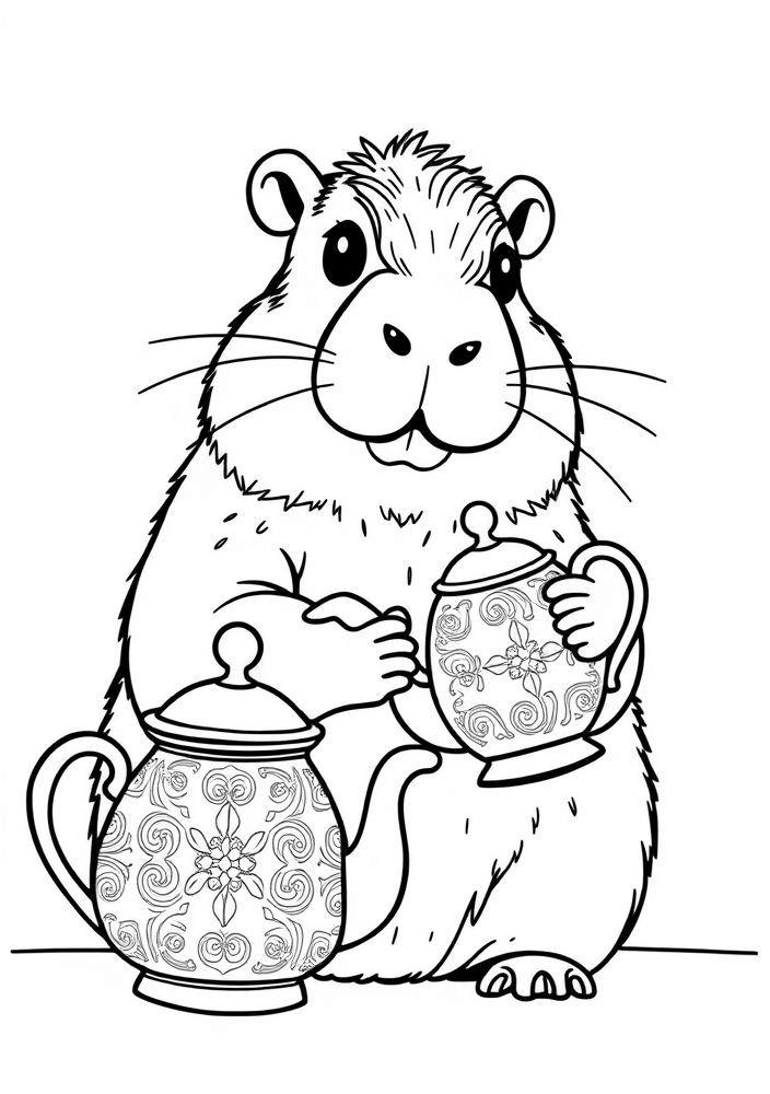 Capivara com uma Bule de Chá para colorir
