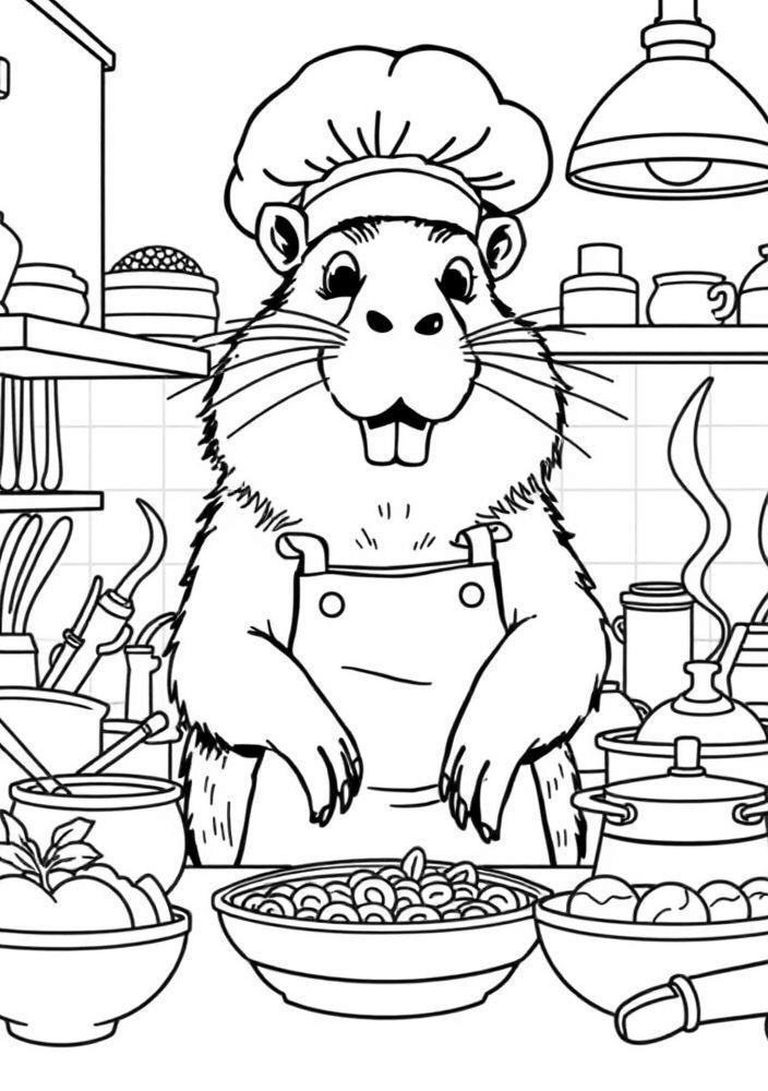 Capivara cozinheiro na cozinha para colorir