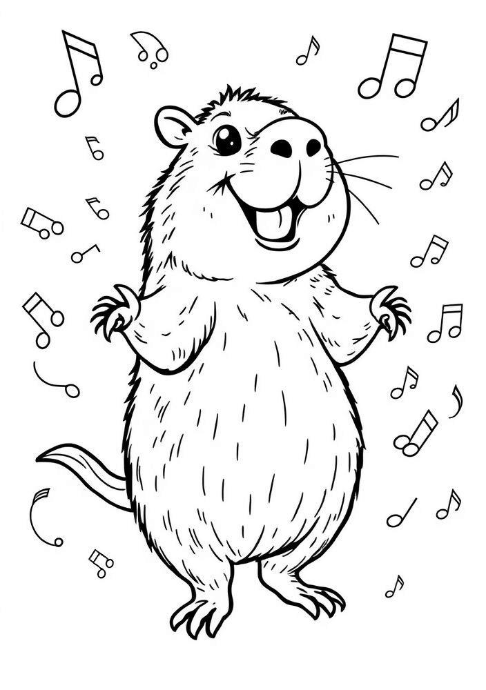 Capivara dançando com a música para colorir