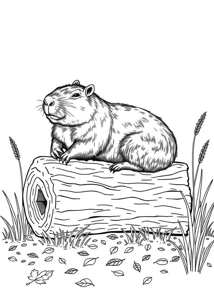 Capivara deitada em um tronco para colorir