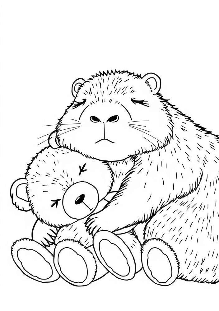 Capivara dormindo com um urso de pelúcia para colorir
